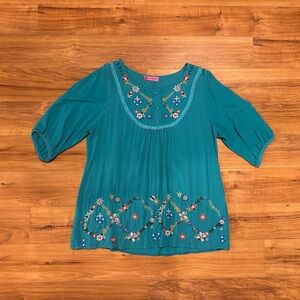 Qianzirou Size M-Teal Embroidered Women's Top
